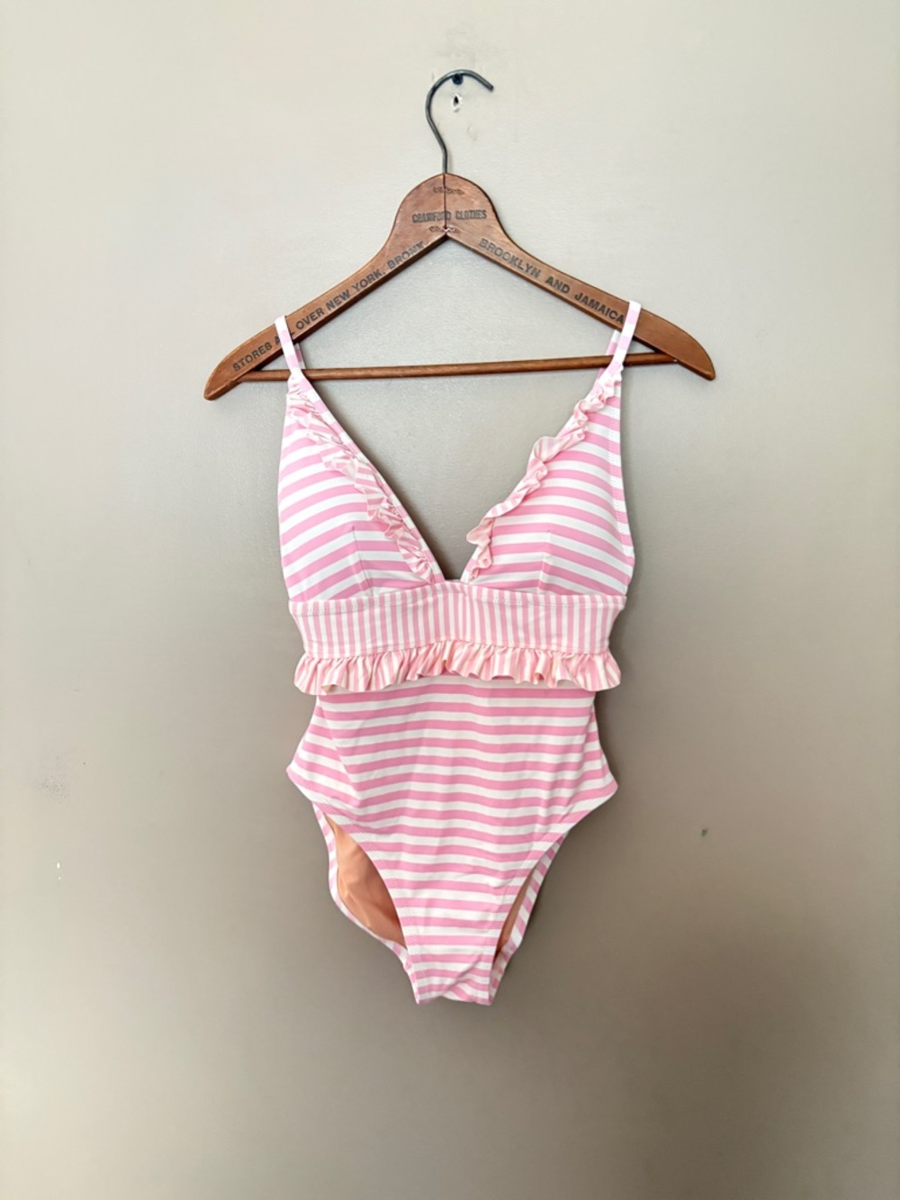 J. Crew pink & white striped ruffle one piece swimsuit resort vacation beach 6
